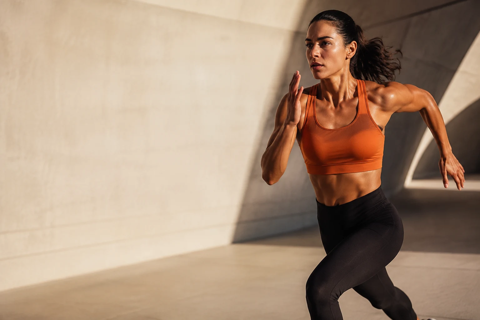 Atleta em movimento sob a luz do sol em um espaço de treino